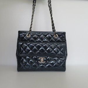Chanel Navy Blue Patent Leather Tote Shoulder Bag